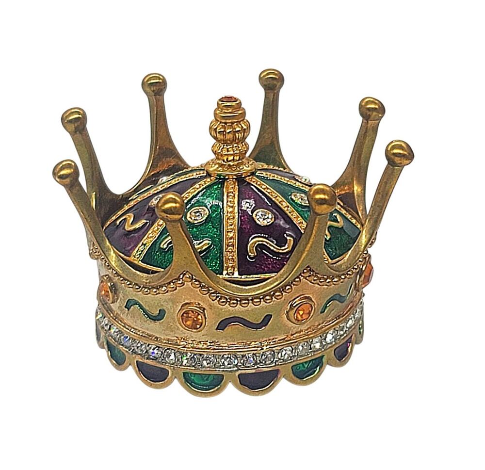 Small Crown Jeweled Rhinestones Trinket Pill Box Enamel Magnetic Closure TRB